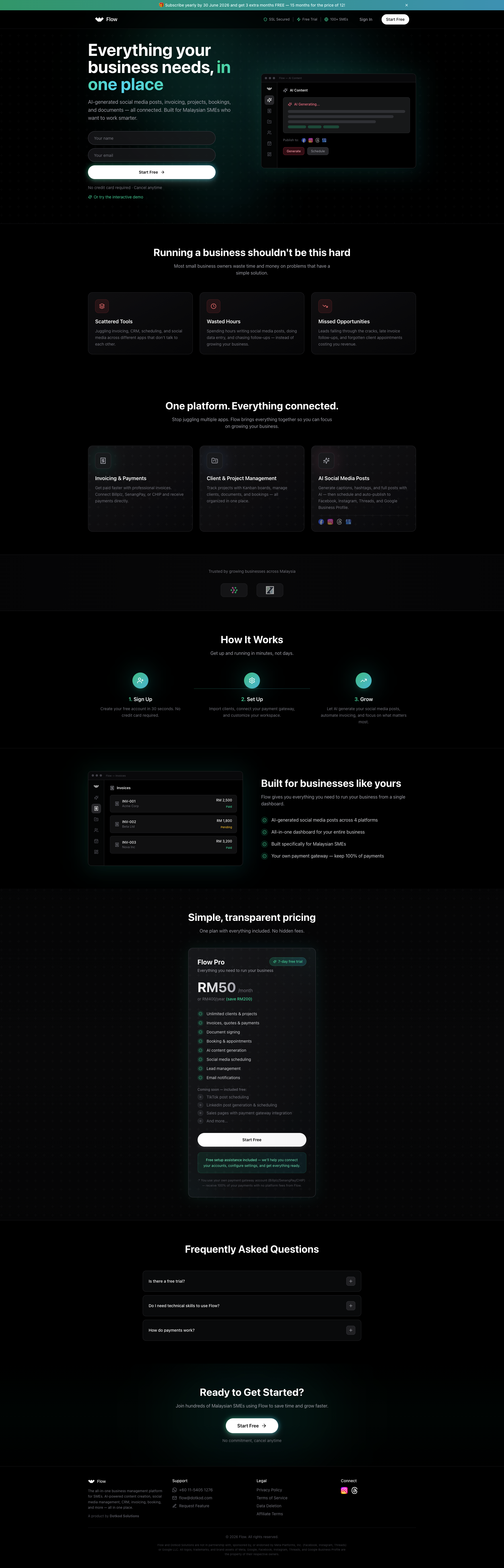 Flow All-in-One Business Management Platform full page screenshot